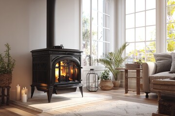 Black wood-burning stove in a sun-drenched room.  Cozy home interior with candles, plants, and a couch