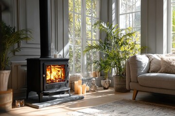 Cozy living room with fireplace. Sunlight streams through large windows into a room with a dark gray fireplace, a light gray couch, and greenery