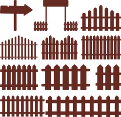 Wooden Fence Icon set. Classic Garden Fencing Symbol. Simple Wooden Fence cassic picket fence that embodies simplicity and security its clean lines and rustic charm.collection of Garden fence wooden.