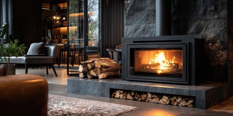 Modern fireplace in a dark, stylish living room