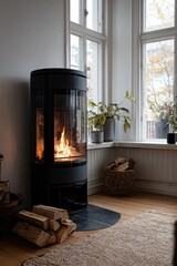 A modern black wood-burning stove in a cozy room
