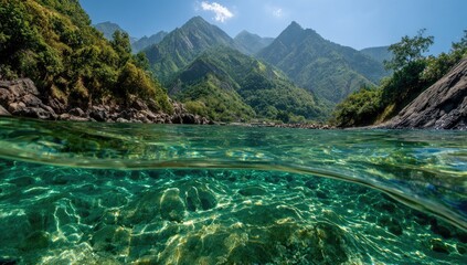 Crystal-clear river meeting mountains.  Green foliage,  bright sunlight.  Underwater,  above water