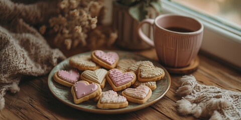 Fototapeta premium Heart-shaped cookies decorated with icing on a plate beside a warm cup of coffee