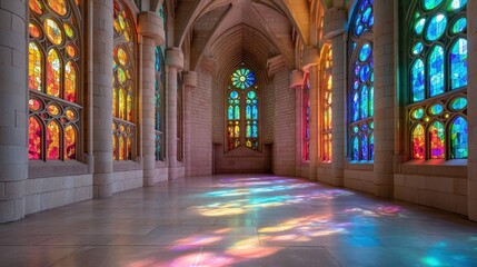 Obraz premium Vibrant Light Streams Through Stained Glass Windows in a Serene Gothic Chapel Illuminating Colorful Patterns on Stone Floor
