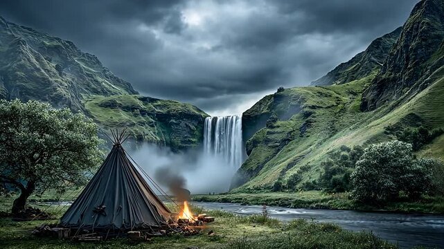 A tranquil scene depicts a traditional tent nestled beside a cascading waterfall in a dramatic mountain landscape.