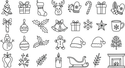 Collection of hand-drawn christmas icons including trees gifts stockings and snowflakes for festive design vector