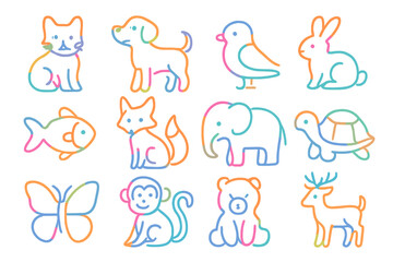 Colorful Animal Icons. Line style icons of colorful animals: colorful cat, colorful dog, colorful bird, colorful rabbit; colorful