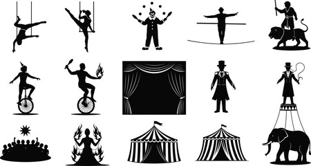 Vintage circus performance silhouettes including trapeze artists, jugglers, tightrope walkers, animal tamers, fire eaters, unicyclists, circus tents, and crowd scene. © Maisa