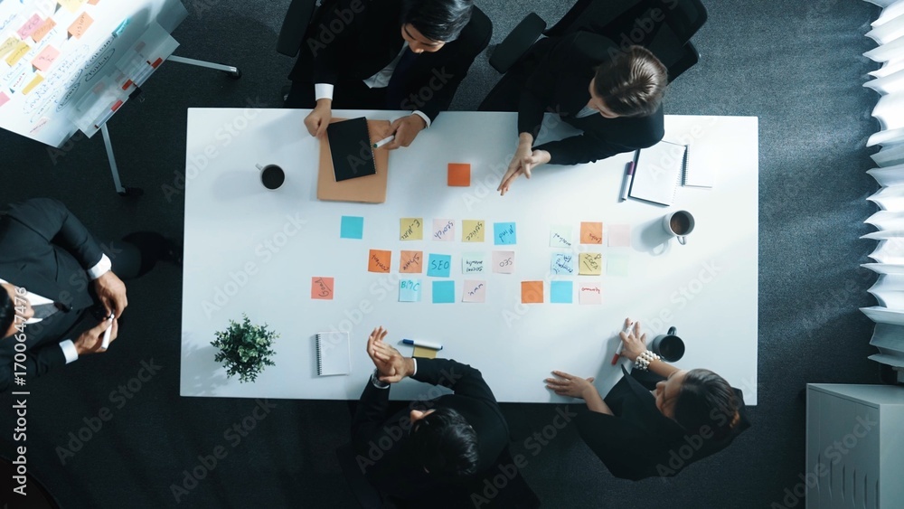 Aufkleber top down aerial view of businessman report sales to project manager while startup team clapping hand
