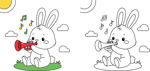 Cute Cartoon Bunny Playing Trumpet - Fun Animal Music Illustration for Kids