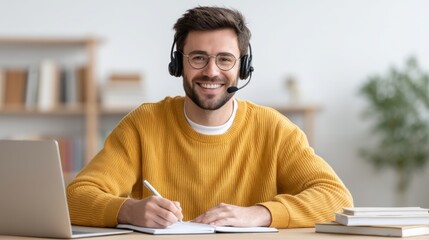 Young male professional in bright sweater smiles while taking notes in a home office setting with laptop and headset during a virtual meeting session