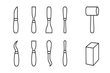 Wooden Carving Tools Icons. Line style icons of wooden carving tools: wooden carving knife, wooden gouge, wooden V-tool, wooden