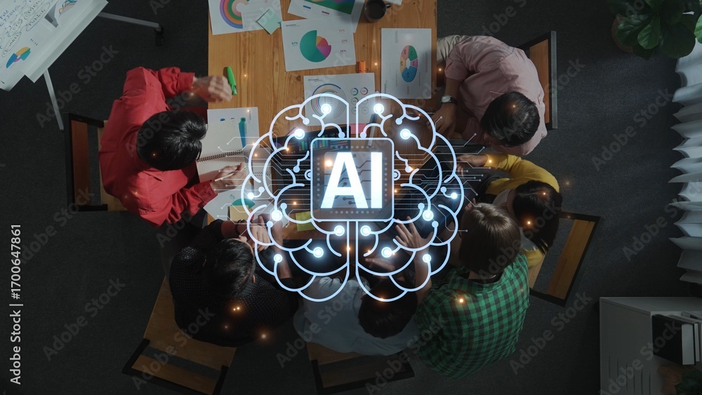 Poster A high-angle view of a diverse team collaborating on an artificial intelligence project, surrounded by colorful charts, digital tools, and innovative ideas in a modern office space. Raster