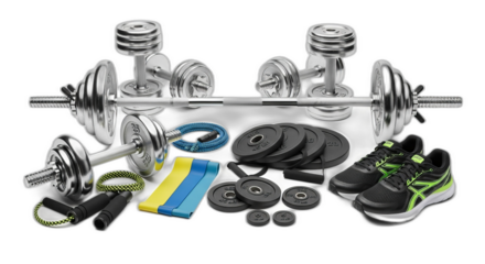 High-quality fitness equipment set, featuring dumbbells, weight plates, resistance bands, and running shoes. Perfect for home workouts and strength training