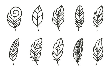 Fototapeta premium Stylized Feather Icons. Line style icons of stylized feathers: spiral feather, geometric feather, abstract feather, symmetrical