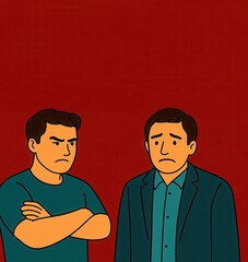 Fototapeta premium Two men: one angry with arms crossed, one sad. Tense mood in this illustration