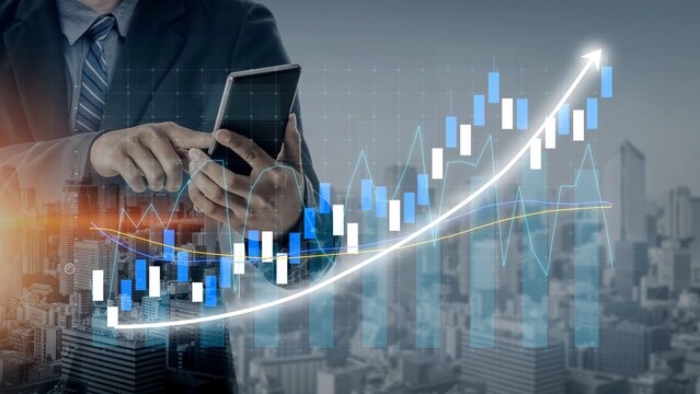 A businessman interacts with a smartphone, displaying a stock market graph overlay. This image reflects modern finance trends and growth potential in an urban environment. Copula - Powered by Adobe