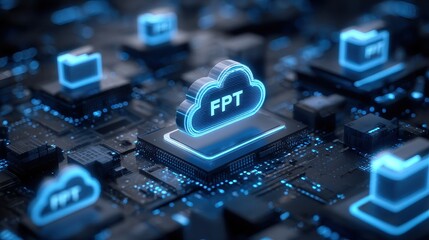 File transfer protocol technology concept render featuring circuitry, computer devices, and data
