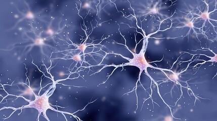 Microscopic view of a neural network, showing interconnected neurons with branching dendrites and axons, illustrating brain function, thought processes, and biological connectivity.