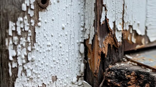 Seasonal weather impact on wooden door jamb filler and plate showing peeling paint and rotted wood requiring restoration.