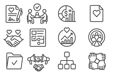 NGO Resolution Icons. Line style icons of non-profit and NGO resolutions: aid agreement signed, board meeting with resolution,