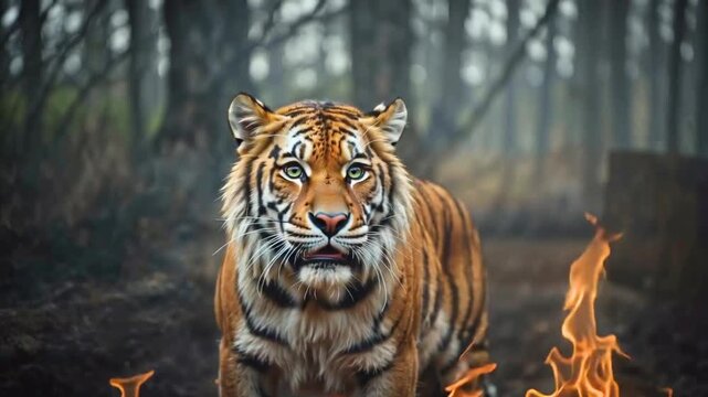 A big tiger walks out of the fire.