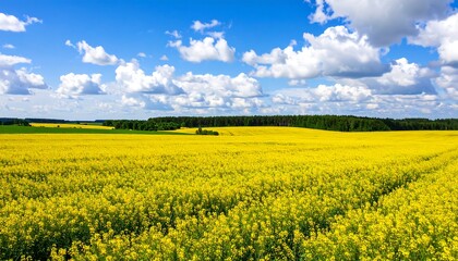 Obraz premium Vast field of bright yellow flowers under a partly cloudy sky