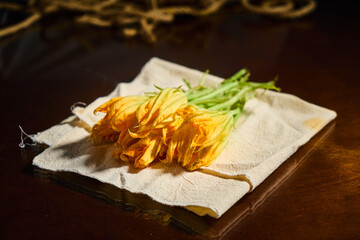 Traditional Mexican dish with fresh squash blossom, flor de calabaza or ahuyama.