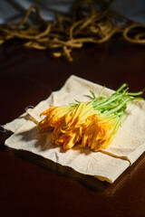 Fresh squash blossoms harvested for traditional Mexican cuisine, flor de calabaza o ayote