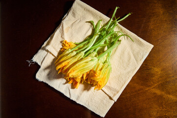 Fresh squash blossoms harvested for traditional Mexican cuisine, flor de calabaza o ayote