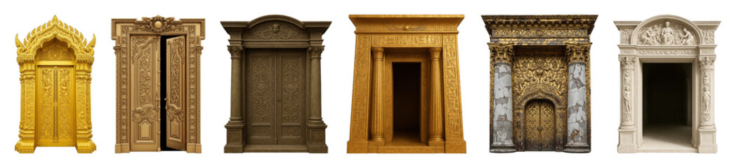 Fototapeta premium Ornate doors set including gold, stone, classical, Egyptian, Asian, and weathered styles isolated. Historical design resource and artistic collection.