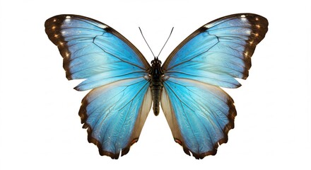 Vibrant blue morpho butterfly wings softly illuminated against pure white background. AI Generated