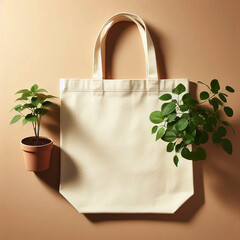 White Canvas Tote Bag with Green Plant Minimalist Beige Background