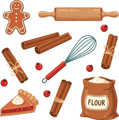 Baking ingredients and tools displayed including gingerbread man rolling pin flour and pie vector