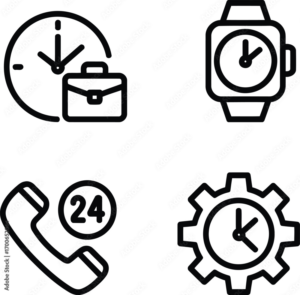 Poster assortment of business and service icons illustrating time management, support availability, setting