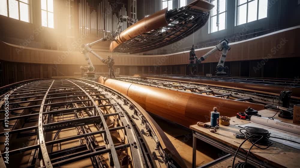Poster Tracking shot of the intricate assembly of overhead acoustic shell segments emphasizing the blend of technology and artistry in music halls.