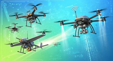A fleet of sophisticated drones soaring in a futuristic, technologically advanced landscape for