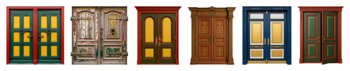 Decorative wooden doors set including ornate, colorful, rustic, and vintage styles isolated. Architectural elements and design.