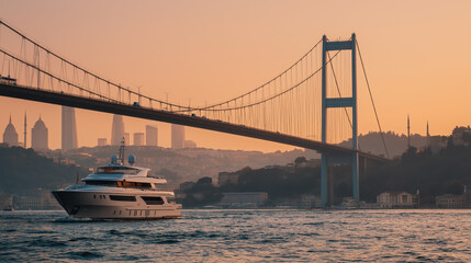a cinematic scene of Istanbul Bosphorus bridge at golden hour, luxury yacht passing, mix of tradition and modernity, dreamy lighting, business traveler vibe