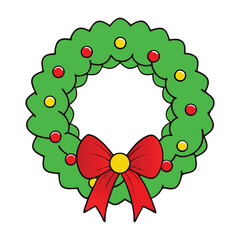 A festive Christmas wreath adorned with lush green foliage, a vibrant red bow, and flowing ribbons, perfect for spreading holiday cheer on any door or wall.
