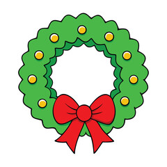 A festive Christmas wreath adorned with lush green foliage, a vibrant red bow, and flowing ribbons, perfect for spreading holiday cheer on any door or wall.
