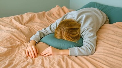 Overwhelmed Woman Hiding Face in Pillow on Bed, Experiencing Stress, Sadness, or Burnout