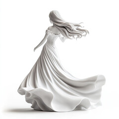 3D female figure in a long fluttering dress of snow-white vanilla tones isolated on a white background. Illustration for advertising women's evening dresses, creative print, sketch for creativity, tem