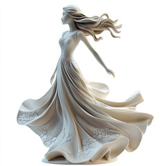 3D female figure in a long fluttering dress of snow-white vanilla tones isolated on a white background. Illustration for advertising women's evening dresses, creative print, sketch for creativity, tem
