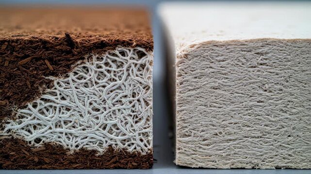 Crosssection view revealing the density development and natural bonding in curing mycelium insulation panels.