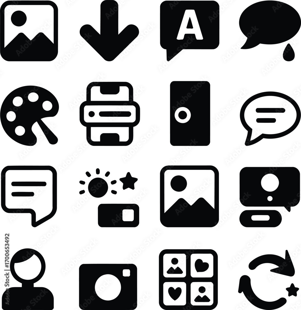 Poster a variety of black and white icons depicting different functions and actions such as user interface 