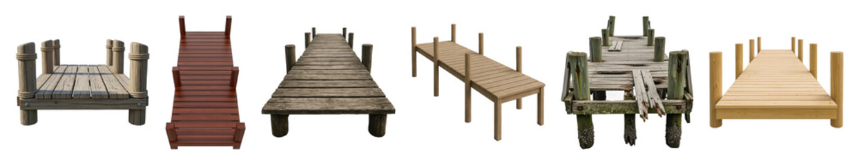 Fototapeta premium Wooden dock set including new, weathered, dilapidated, and modern designs isolated. Marine infrastructure collection.