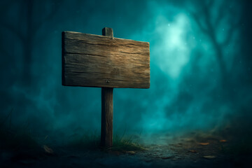 Fototapeta premium Wooden signpost in a mysterious foggy forest setting