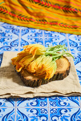 Traditional Mexican dish with fresh squash blossom, flor de calabaza or ahuyama.