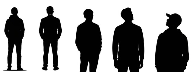Set of realistic male silhouettes in various standing poses including casual and business attire